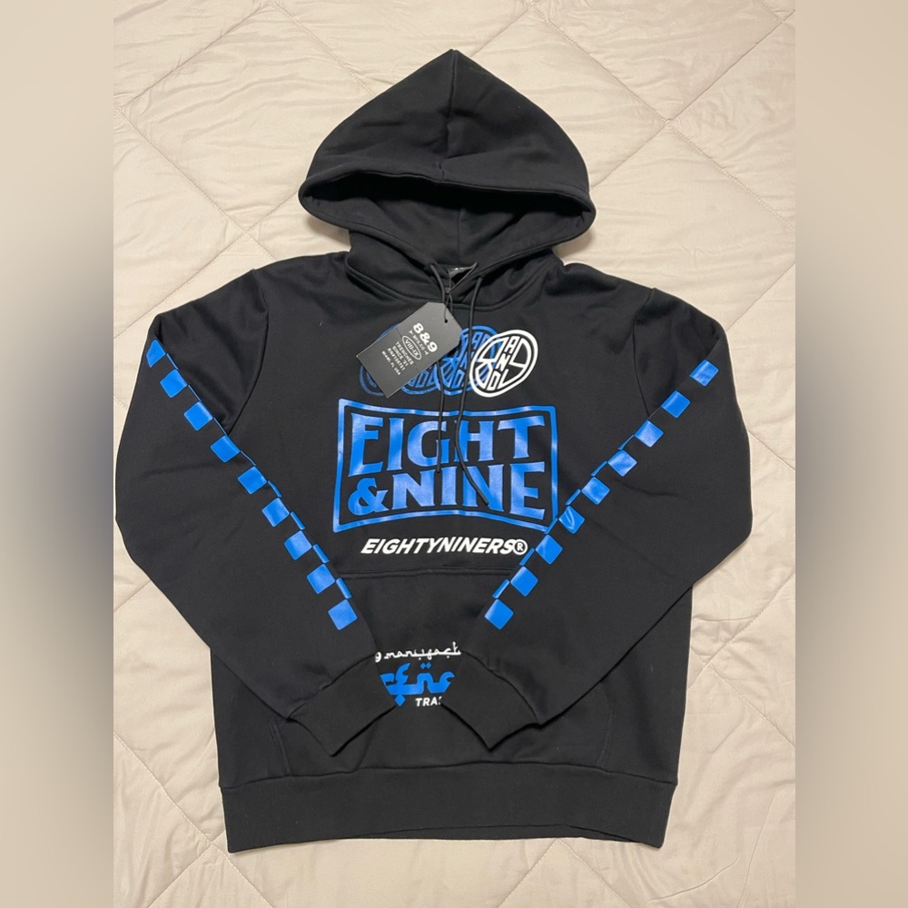 8&9 Black Hoodie with Blue Prints